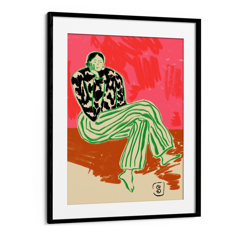 Colorful figurative illustration in a black frame, highlighting the essence of THINKING, PORTRAITS artistry.