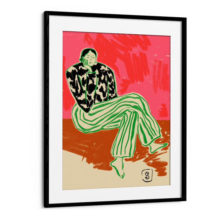 Colorful figurative illustration in a black frame, highlighting the essence of THINKING, PORTRAITS artistry.