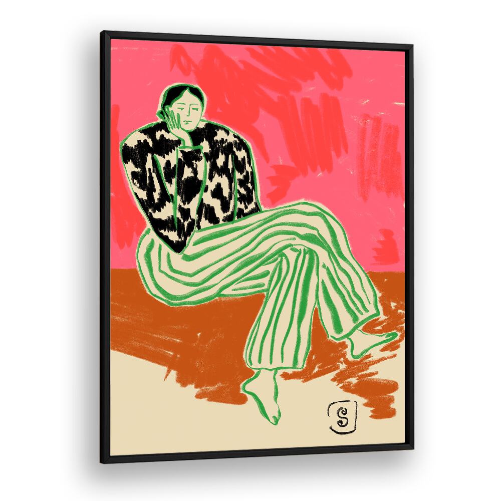 Colorful figurative illustration showcasing THINKING, PORTRAITS & emotional artistry in a sleek black frame.