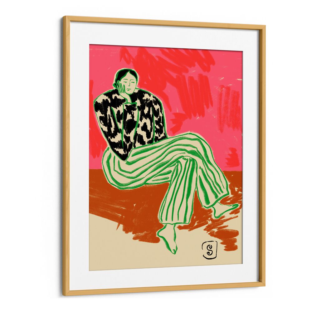Stylish oak-framed illustration from the THINKING, PORTRAITS collection, capturing human emotion and artistry.