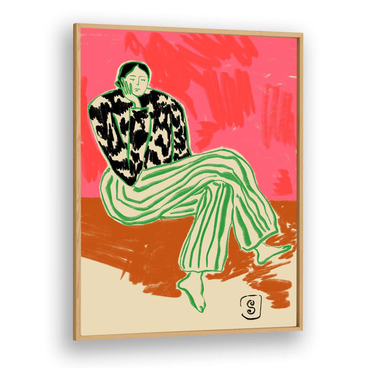 Colorful figurative illustration titled "THINKING, PORTRAITS," beautifully framed in oak wood, showcasing human emotion.