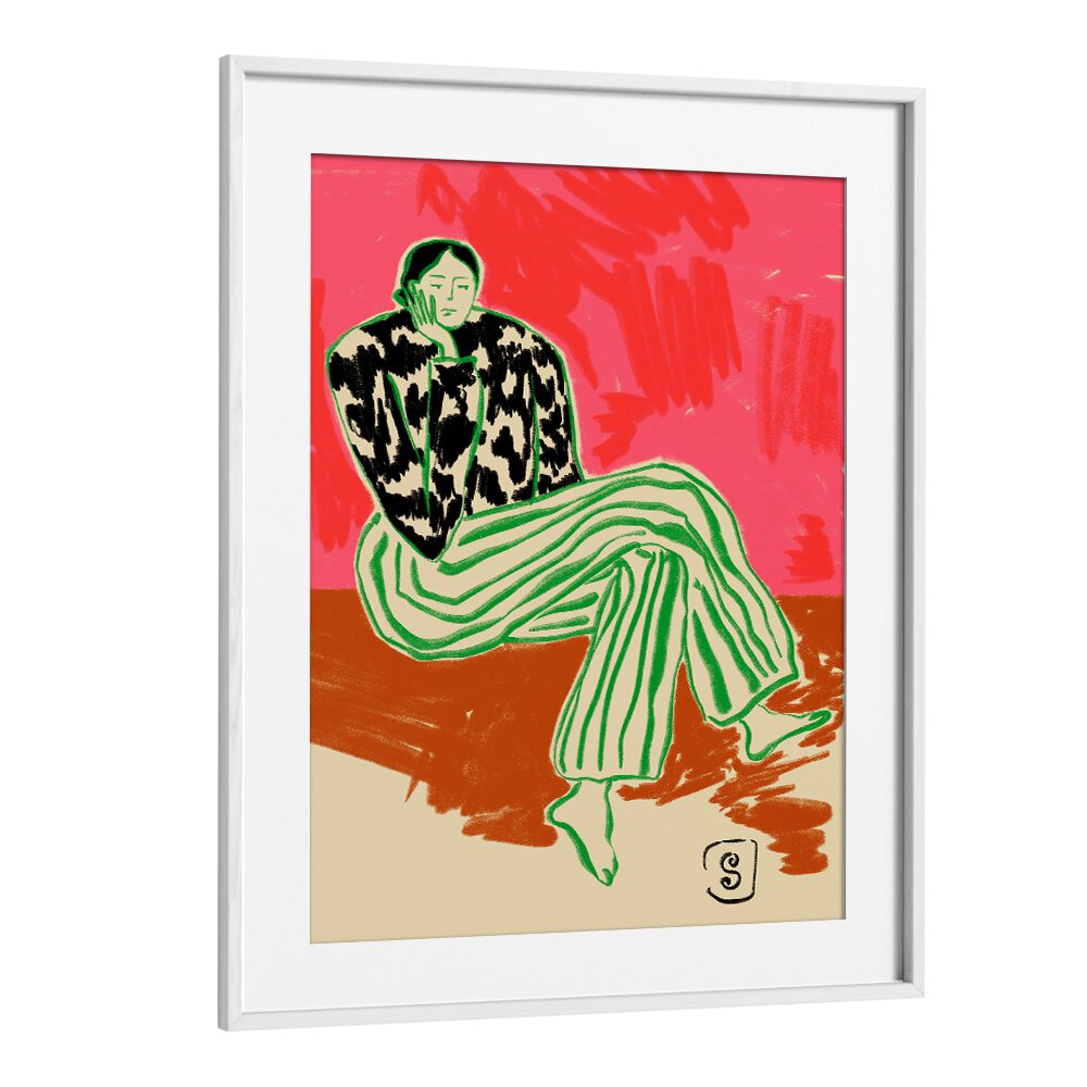 Colorful figurative illustration in a white frame, showcasing THINKING, PORTRAITS with vibrant artistic expression.
