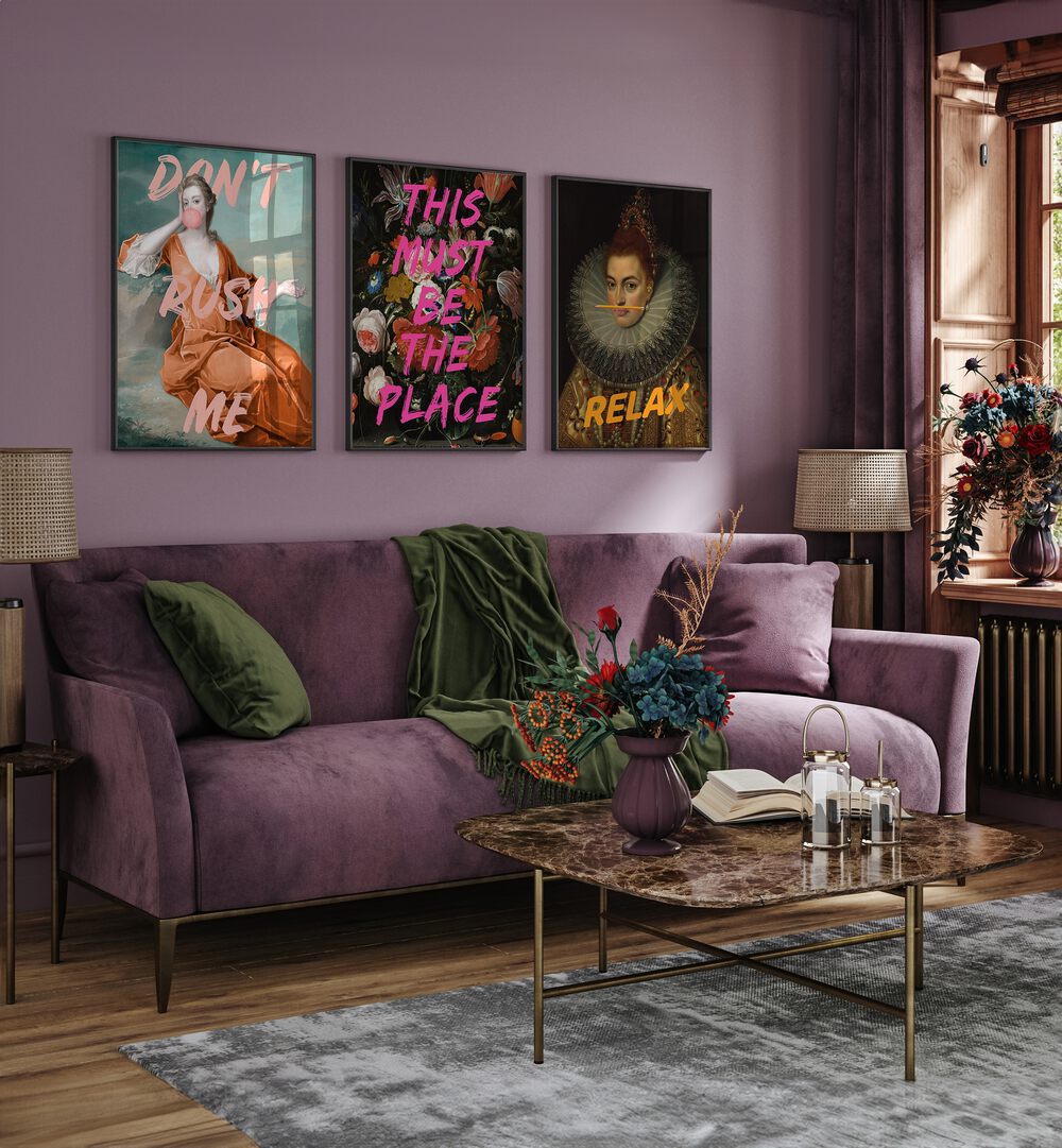 Enhance your decor with the THIS MUST BE THE PLACE SET, SET OF 3 PAINTINGS, blending classic art and vibrant style.