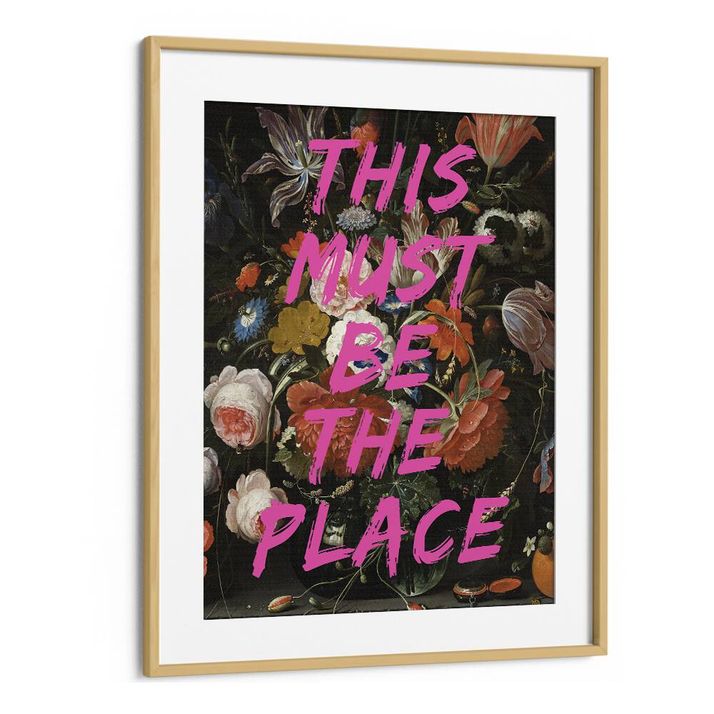 Colorful altered art print, "THIS MUST BE A PLACE," framed in oak by The Art Concept for vibrant home decor.