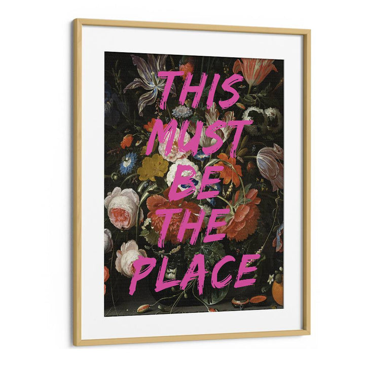 Colorful altered art print, "THIS MUST BE A PLACE," framed in oak by The Art Concept for vibrant home decor.