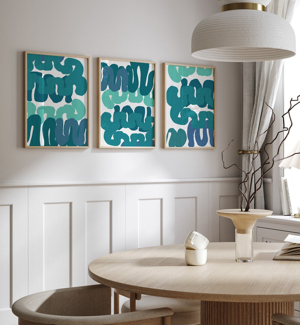 Enhance your decor with the TIDAL RHYTHM SET, SET OF 3 PAINTINGS, reflecting oceanic elegance and tranquility.