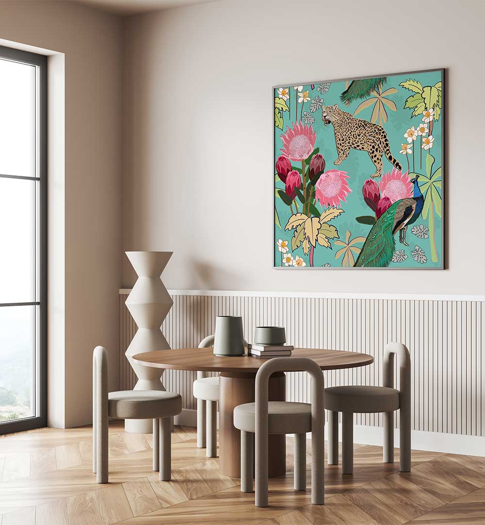Dining room wall art of vibrant tiger and peacock with florals — TIGER AND PEACOCK , ANIMAL PAINTINGS