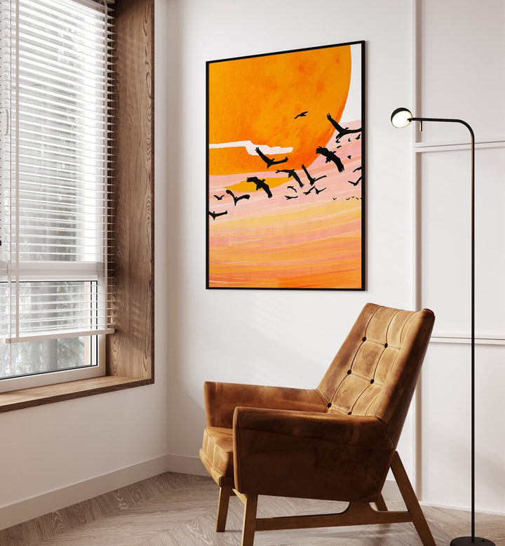 Vibrant sunset landscape painting from the TIME FLIES collection by Uma Gokhale, perfect for enhancing any space.