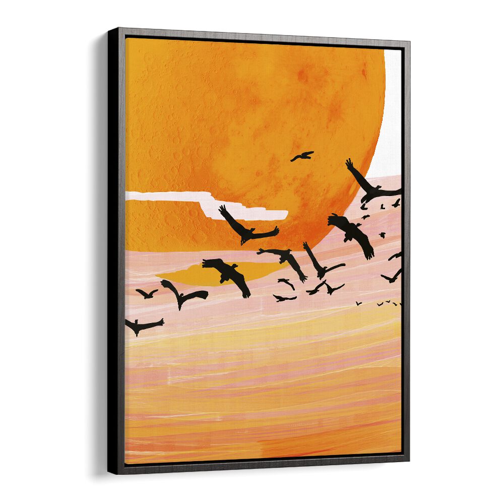 Vibrant TIME FLIES, LANDSCAPE PAINTINGS by Uma Gokhale, showcasing a stunning sunset with birds in flight.