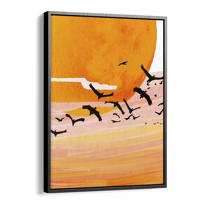 Vibrant TIME FLIES, LANDSCAPE PAINTINGS by Uma Gokhale, showcasing a stunning sunset with birds in flight.