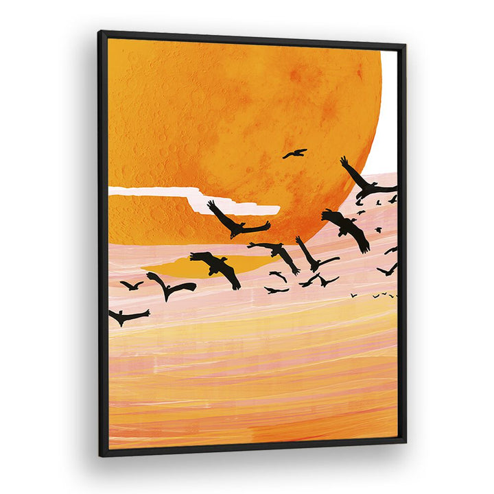 Stunning TIME FLIES, LANDSCAPE PAINTINGS by Uma Gokhale, featuring a vibrant sunset and flying birds in a sleek frame.