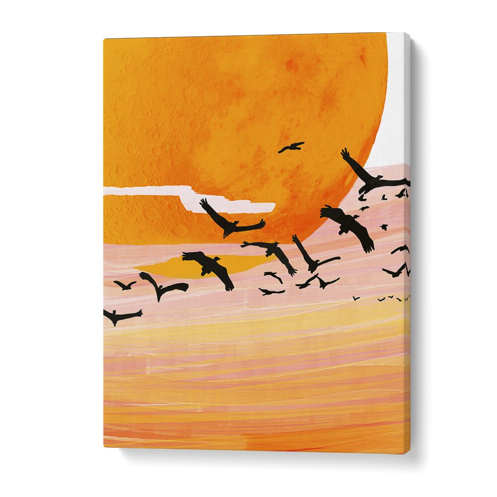 Exquisite TIME FLIES, LANDSCAPE PAINTINGS by Uma Gokhale, showcasing a vibrant sunset and soaring birds in harmony.