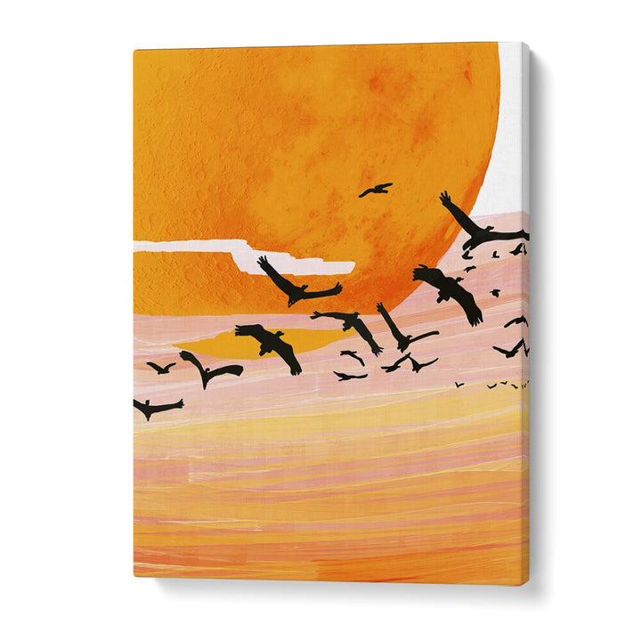 Exquisite TIME FLIES, LANDSCAPE PAINTINGS by Uma Gokhale, showcasing a vibrant sunset and soaring birds in harmony.