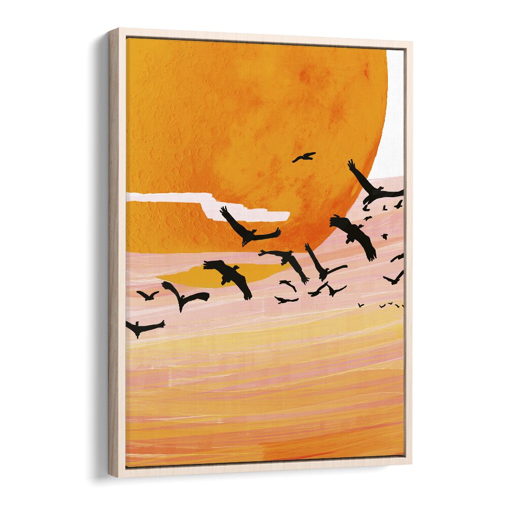 Vibrant TIME FLIES, LANDSCAPE PAINTINGS by Uma Gokhale, showcasing a stunning sunset with flying birds in a floater frame.