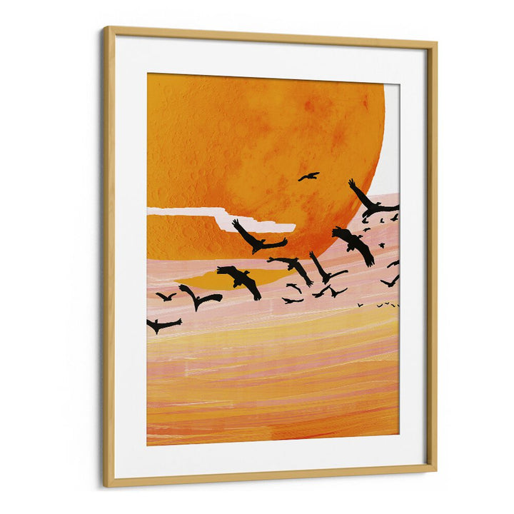 Stunning TIME FLIES, LANDSCAPE PAINTINGS by Uma Gokhale in an oak frame, capturing the beauty of nature.