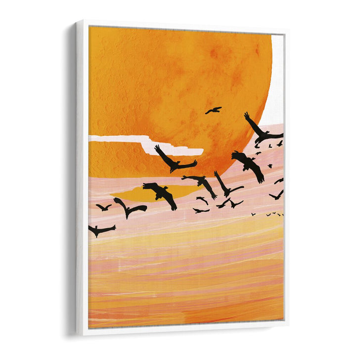 Vibrant sunset with birds in flight, showcasing TIME FLIES, LANDSCAPE PAINTINGS by Uma Gokhale for stunning decor.