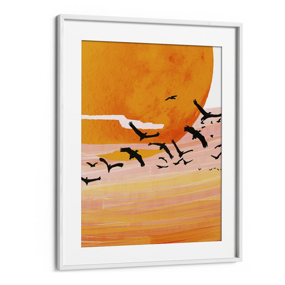 Vibrant TIME FLIES, LANDSCAPE PAINTINGS by Uma Gokhale, featuring a stunning sun and birds in flight, perfect for any decor.