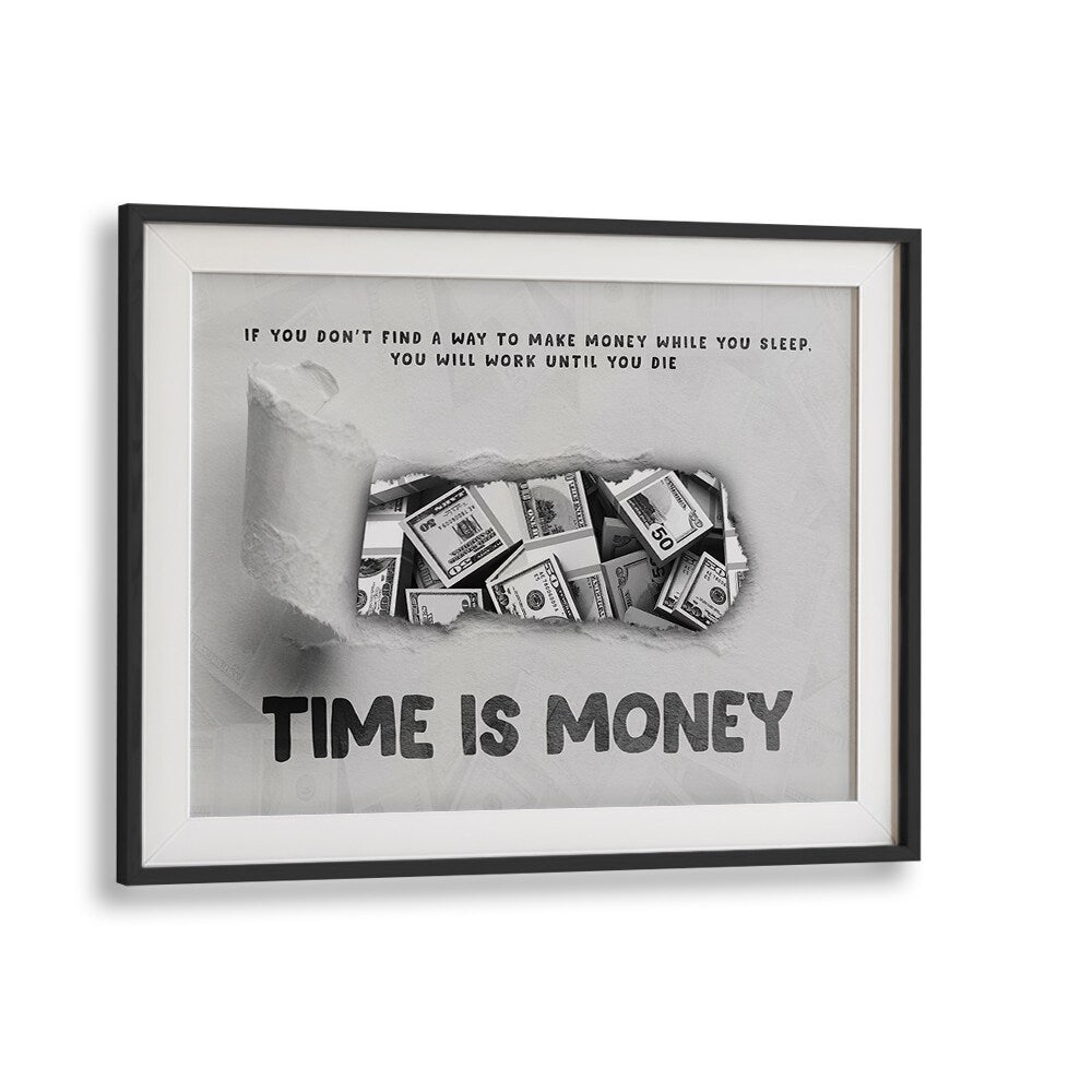 Motivational TIME IS MONEY, MONEY POSTERS in a sleek black frame, perfect for offices and personal spaces.