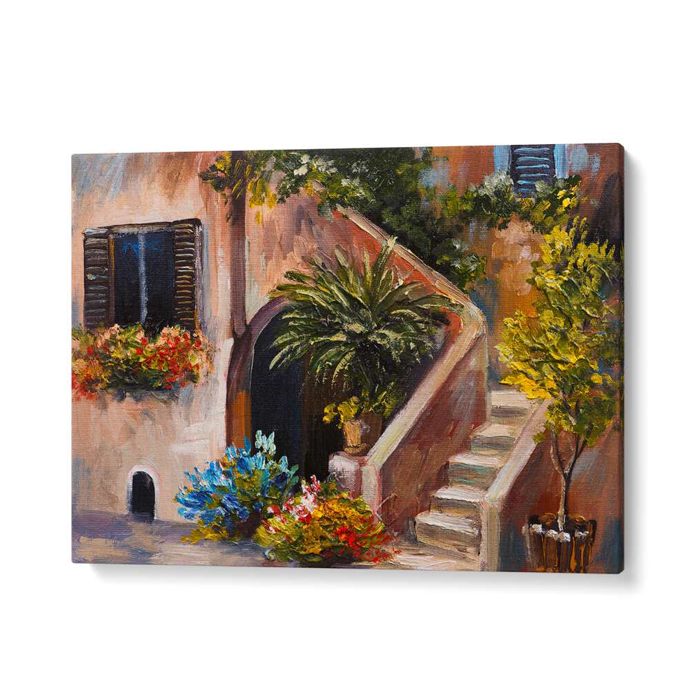 Timeless Abodes, Vintage European paintings featuring a charming staircase and lush greenery for elegant home decor.