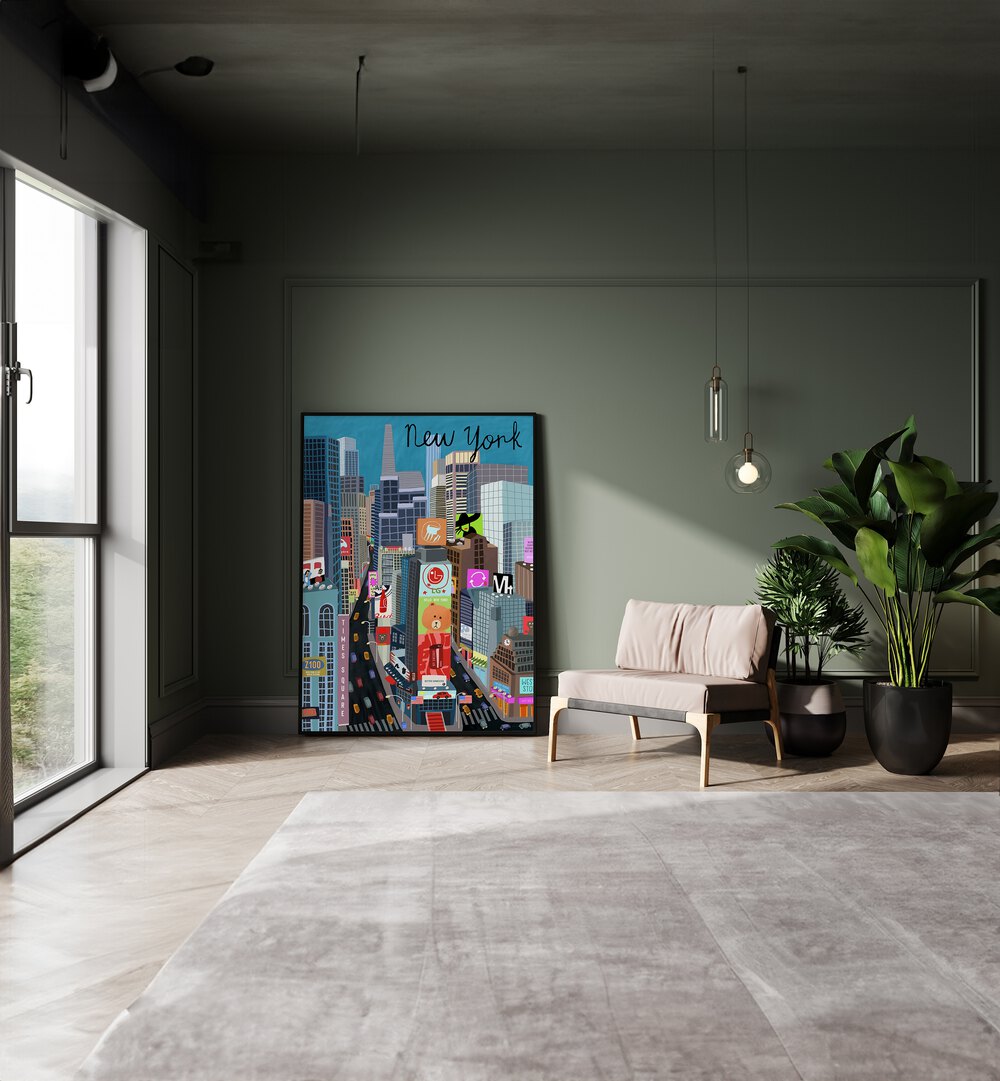 Vibrant TIMES SQUARE travel poster by Carla Daly, showcasing NYC's iconic energy and bright city lights.