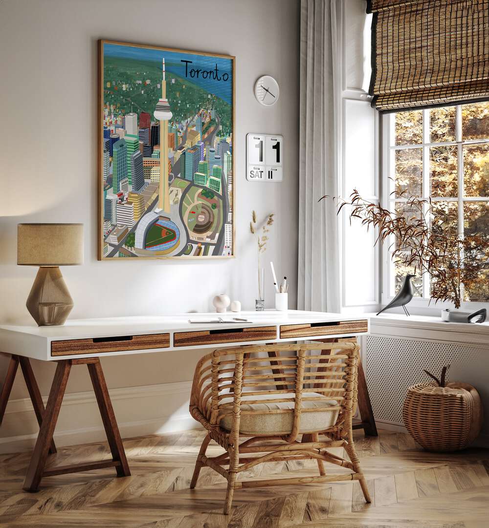 Vibrant TORONTO, TRAVEL POSTERS by Carla Daly showcase the city's charm and stunning skyline in a stylish interior.