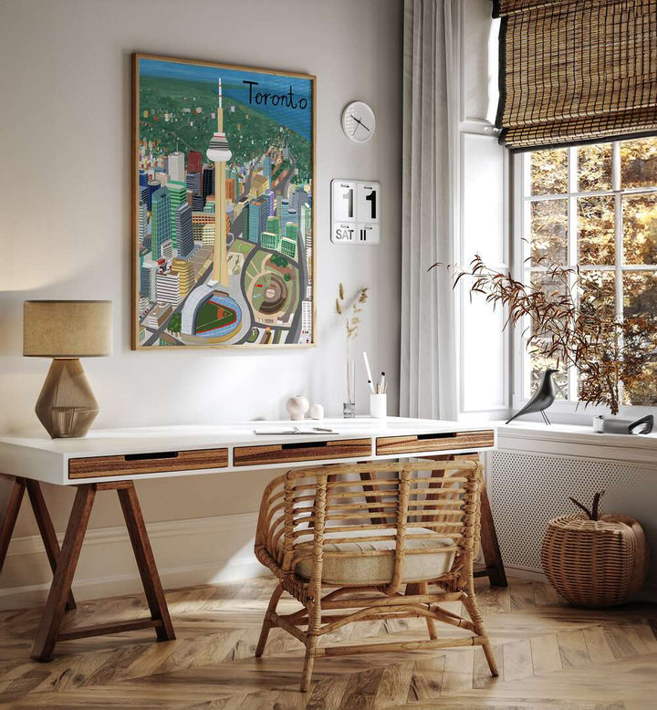 Vibrant TORONTO, TRAVEL POSTERS by Carla Daly showcase the city's charm and stunning skyline in a stylish interior.