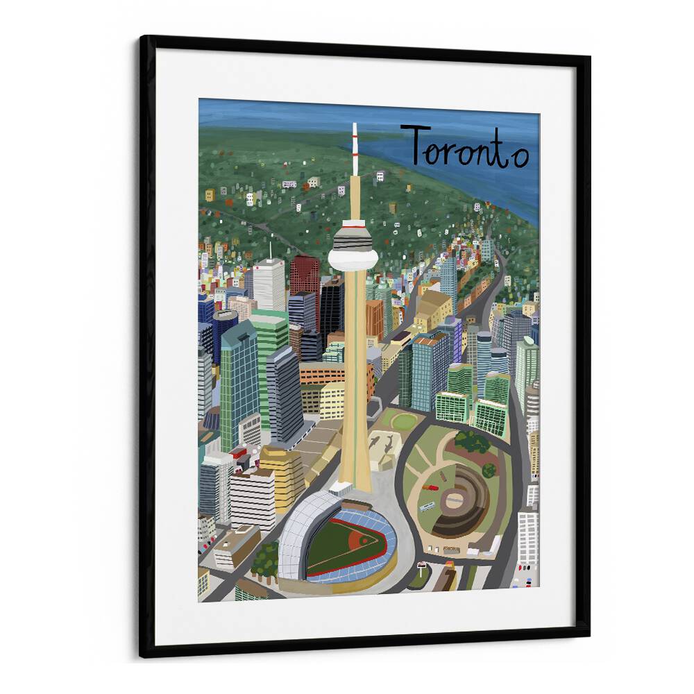 Vibrant TORONTO, TRAVEL POSTERS by Carla Daly showcasing the city's iconic skyline in a stylish black frame.