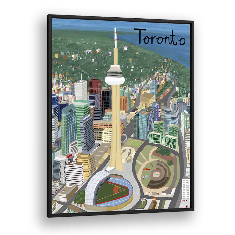 Vibrant TORONTO, TRAVEL POSTERS by Carla Daly showcase the city's charm in a stylish black frame. Perfect for decor!