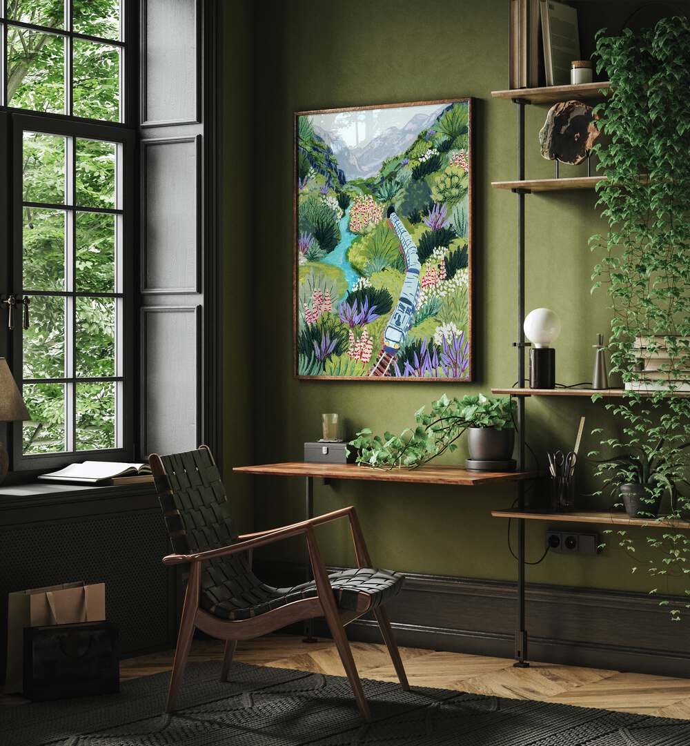 Captivating TRAIN TRAVEL, LANDSCAPE PAINTINGS by Sarah Gesek enhances your space with vibrant nature and train scenes.