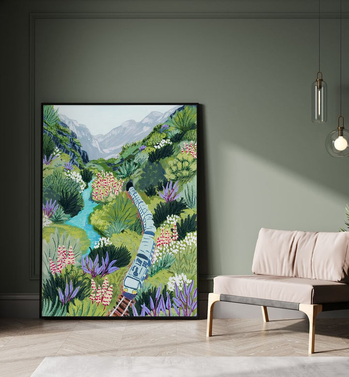 Captivating TRAIN TRAVEL, LANDSCAPE PAINTINGS by Sarah Gesek, showcasing a train through vibrant, lush scenery.