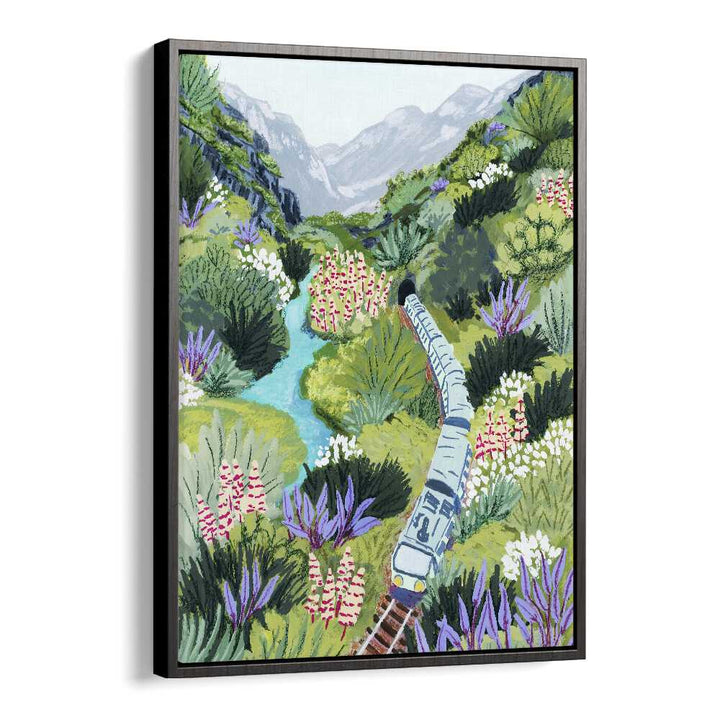 Experience the beauty of TRAIN TRAVEL, LANDSCAPE PAINTINGS with Sarah Gesek’s vibrant art print in a black floater frame.