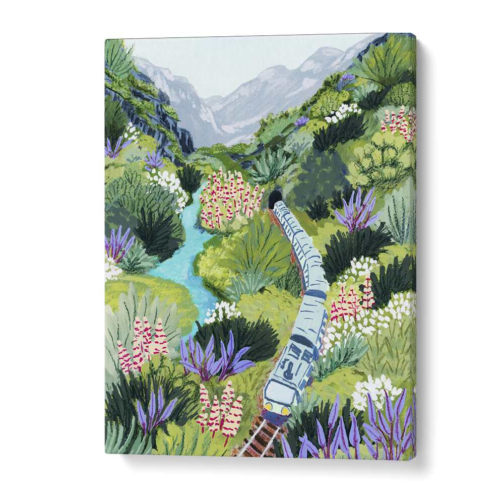 Captivating TRAIN TRAVEL, LANDSCAPE PAINTINGS by Sarah Gesek, showcasing a vibrant train journey through lush scenery.