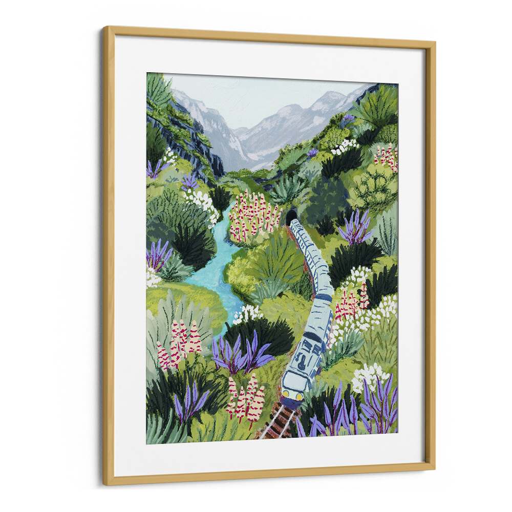 Captivating TRAIN TRAVEL, LANDSCAPE PAINTINGS by Sarah Gesek, framed art print showcasing a vibrant scenic journey.