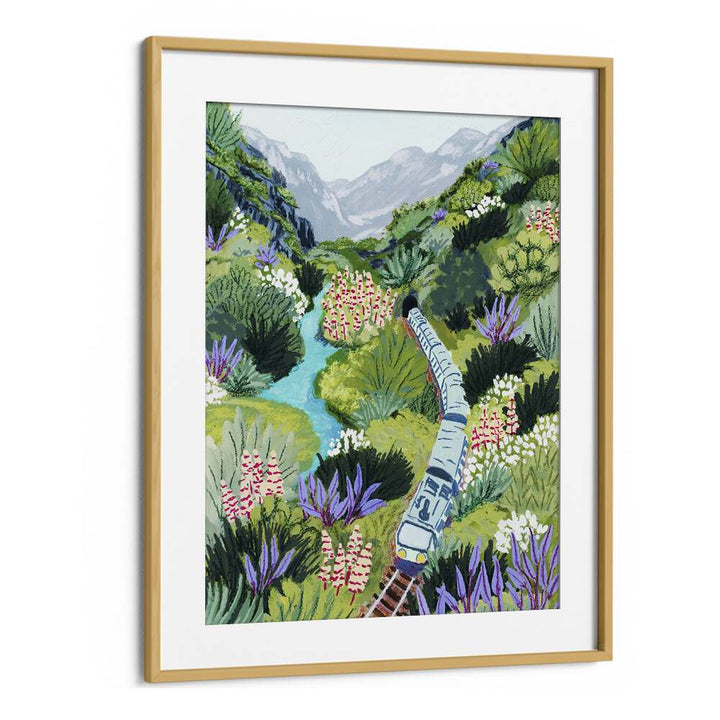 Captivating TRAIN TRAVEL, LANDSCAPE PAINTINGS by Sarah Gesek, framed art print showcasing a vibrant scenic journey.