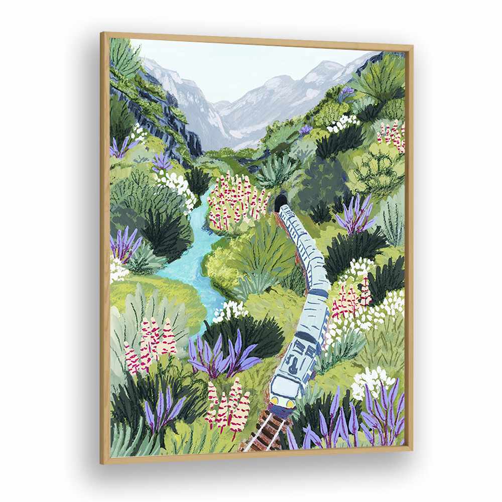 Captivating TRAIN TRAVEL, LANDSCAPE PAINTINGS by Sarah Gesek showcases a vibrant train scene amid lush greenery.