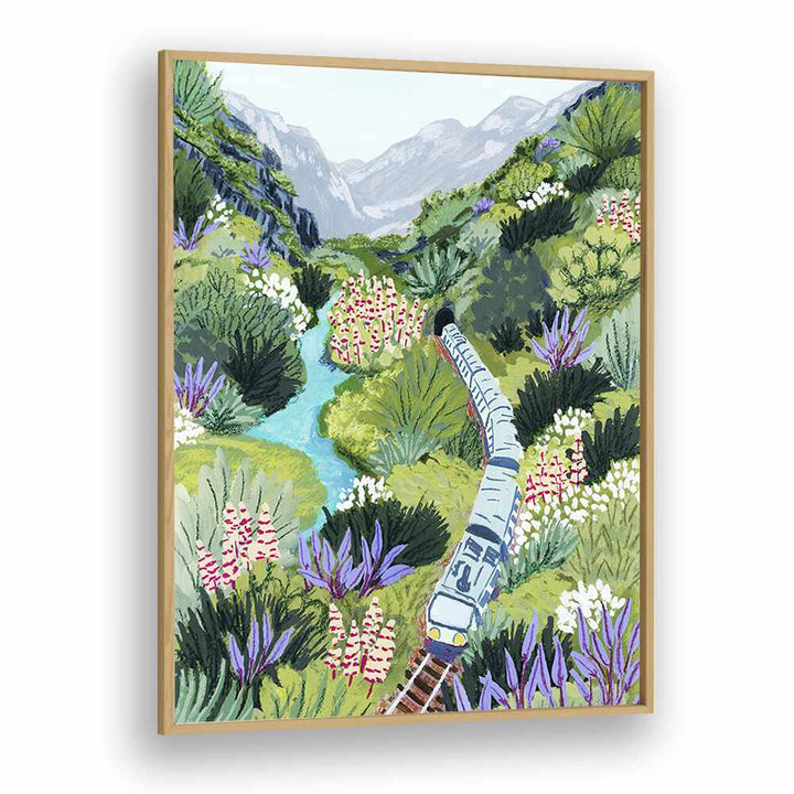 Captivating TRAIN TRAVEL, LANDSCAPE PAINTINGS by Sarah Gesek showcases a vibrant train scene amid lush greenery.