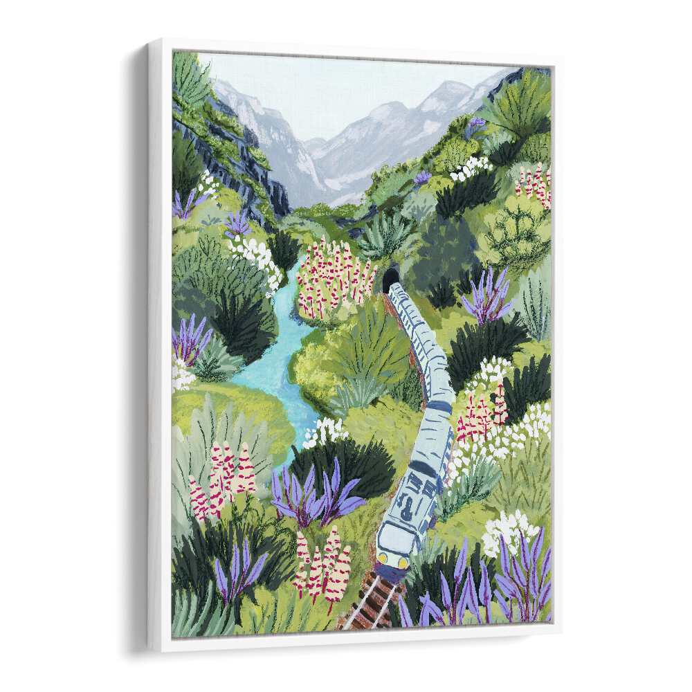 Captivating TRAIN TRAVEL, LANDSCAPE PAINTINGS by Sarah Gesek, showcasing a train amidst lush greenery and mountains.