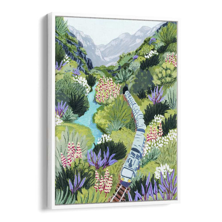 Captivating TRAIN TRAVEL, LANDSCAPE PAINTINGS by Sarah Gesek, showcasing a train amidst lush greenery and mountains.