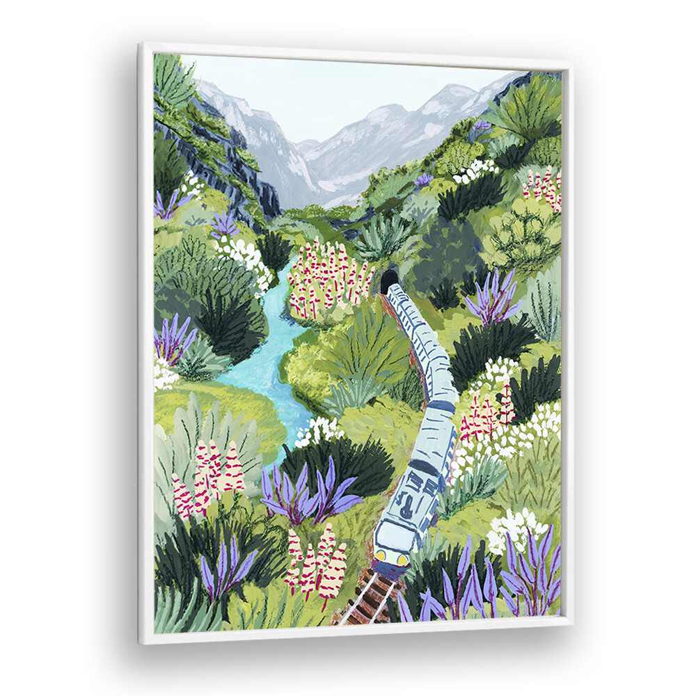 Captivating TRAIN TRAVEL, LANDSCAPE PAINTINGS artwork by Sarah Gesek, showcasing a train through lush, scenic landscapes.