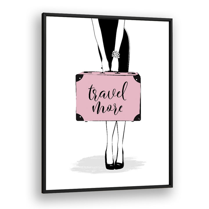 Stylish TRAVEL MORE, FASHION POSTERS by Martina, featuring a chic woman with a suitcase, perfect for fashion lovers.