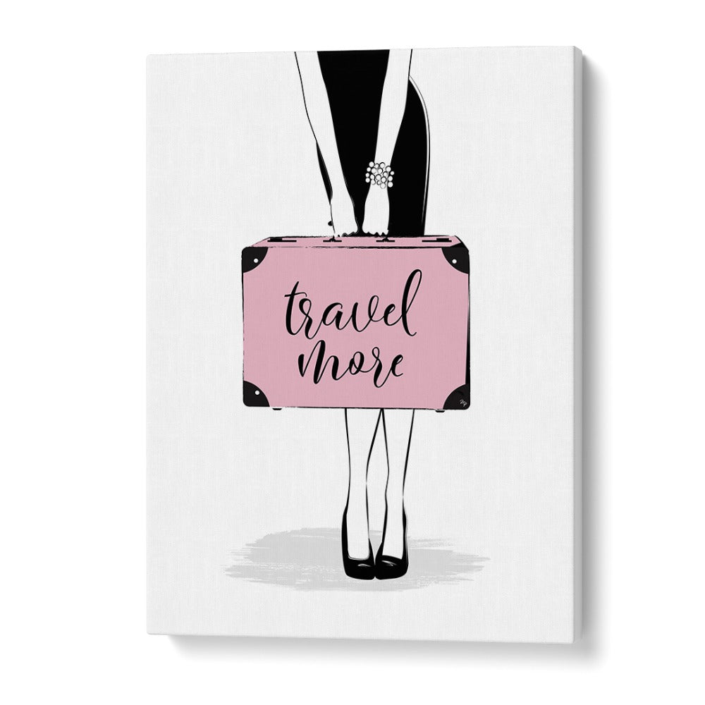 Stylish TRAVEL MORE, FASHION POSTERS by Martina feature a chic woman holding a pink suitcase, perfect for fashion lovers.