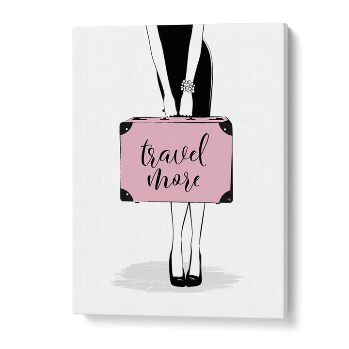 Stylish TRAVEL MORE, FASHION POSTERS by Martina feature a chic woman holding a pink suitcase, perfect for fashion lovers.