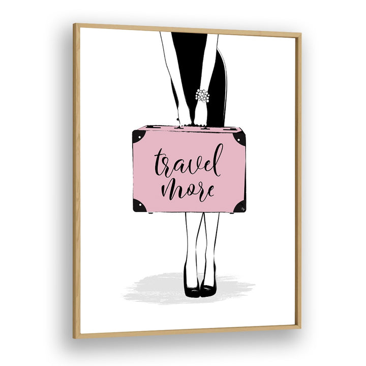Stylish TRAVEL MORE, FASHION POSTERS by Martina, showcasing elegance with a chic suitcase design in a wooden frame.