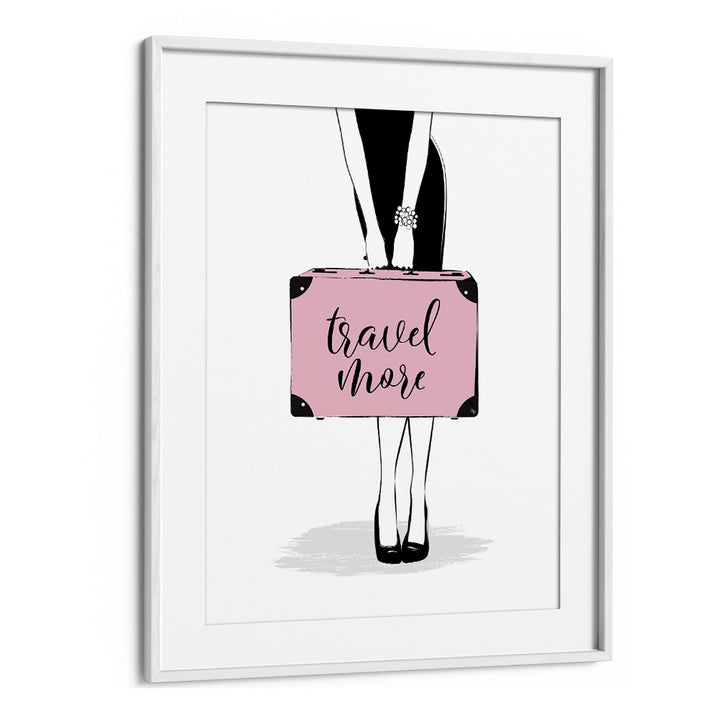 Stylish TRAVEL MORE, FASHION POSTERS by Martina, featuring a chic design with a pink suitcase in a white frame.