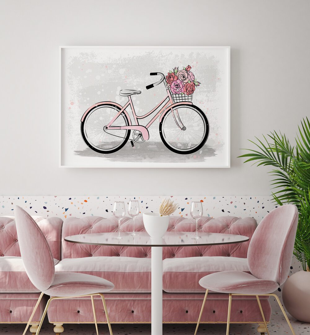 Charming pink bicycle artwork enhances your TRAVEL DIARIES GALLERY WALL, perfect for gallery walls & sets decor.