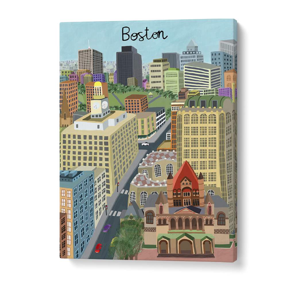 Explore the TRINITY CHURCH AND BOSTON CITY SKYLINE, TRAVEL POSTERS art by Carla Daly, showcasing Boston's vibrant architecture.