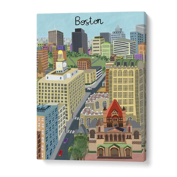 Explore the TRINITY CHURCH AND BOSTON CITY SKYLINE, TRAVEL POSTERS art by Carla Daly, showcasing Boston's vibrant architecture.