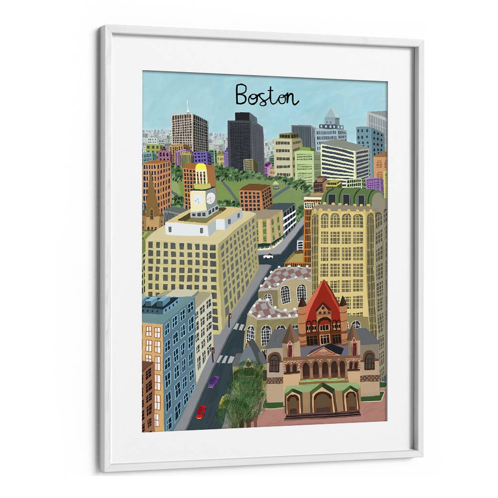 Trinity Church and Boston City Skyline, travel posters by Carla Daly showcase Boston's vibrant architecture and beauty.
