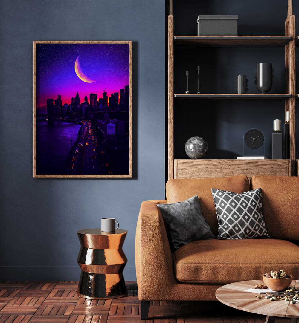 Elevate your space with TRIPPING IN MANHATTAN, SURREAL ART PRINTS by Ritvik Takkar, featuring a vibrant cityscape.