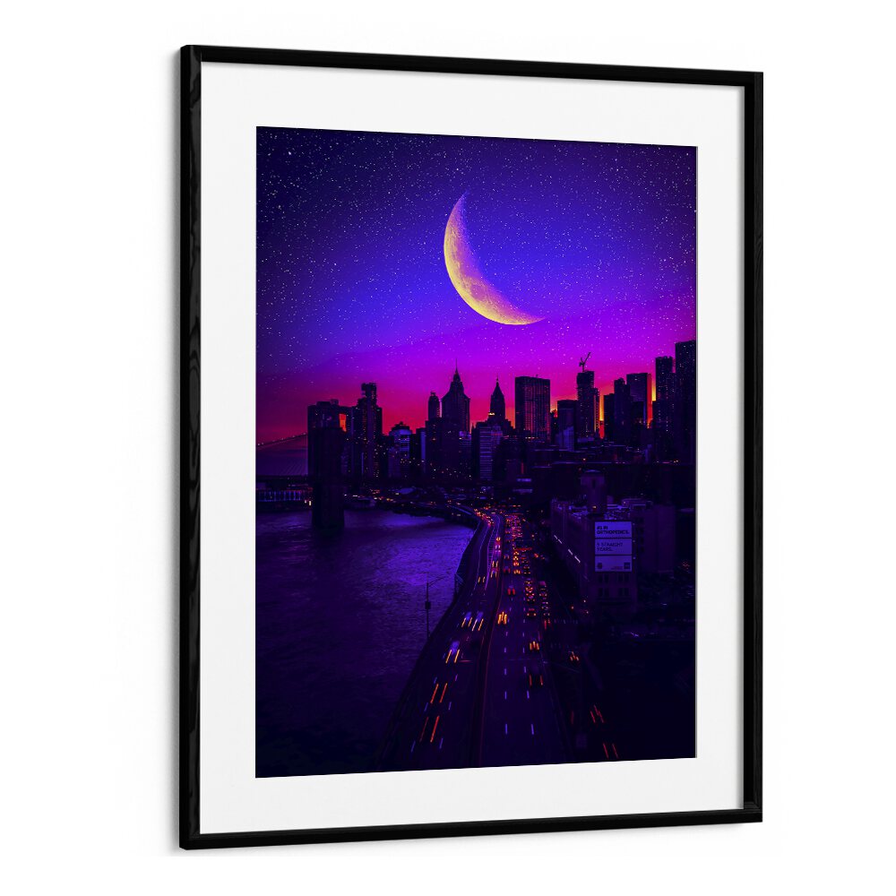 Stunning TRIPPING IN MANHATTAN, SURREAL ART PRINTS by Ritvik Takkar, featuring a vibrant cityscape and moonlit sky.